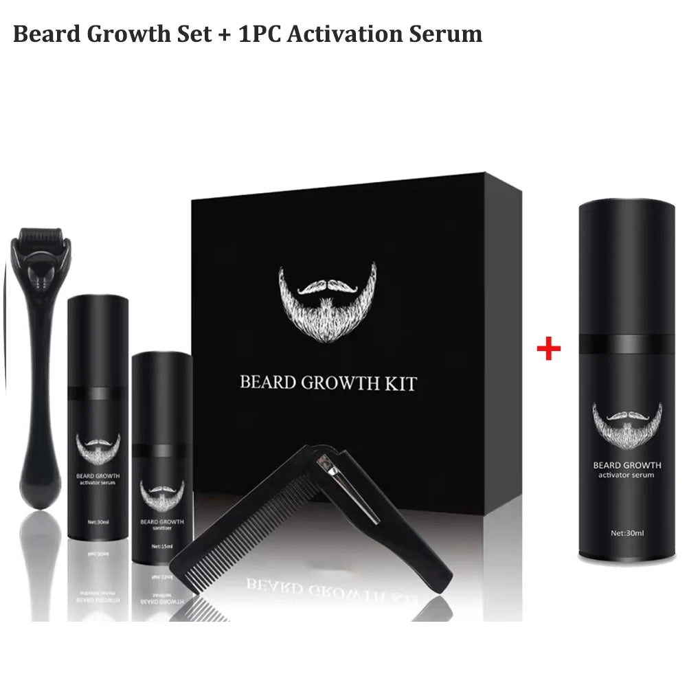 Beard Growth Kit for Men Facial Hair Growth Enhancer Thicker Oil with Massage Comb Micro Roller Nourishing Serum Beard Care