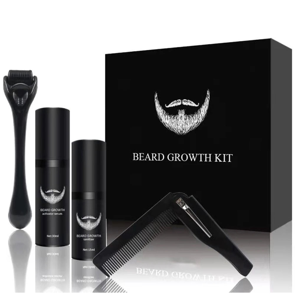 Beard Growth Kit for Men Facial Hair Growth Enhancer Thicker Oil with Massage Comb Micro Roller Nourishing Serum Beard Care