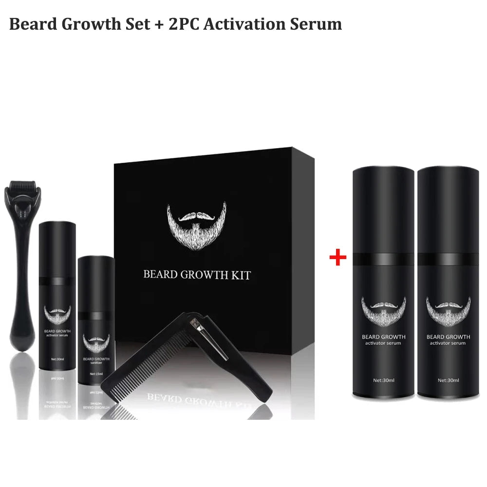 Beard Growth Kit for Men Facial Hair Growth Enhancer Thicker Oil with Massage Comb Micro Roller Nourishing Serum Beard Care